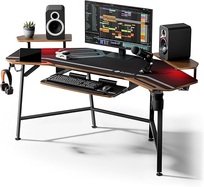 EUREKA ERGONOMIC 72 Gaming Desk W Keyboard Tray Wing-Shaped Music Studio Desk Large Computer Table W LED Convertible Monitor Stand Dual Headphone Hanger for Recording Live Streamer Walnut Wood