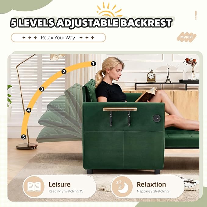 Convertible Sleeper Chair Bed for Adults Pull Out Chair Bed w/USB Port Foldable Table &amp Bottom Storage 4 in 1 Reclining Sleeper Sofa for Dorm/Bedroom Green