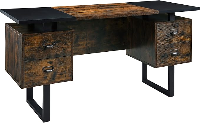 LEEMTORIG Computer Desk with Drawers 59 inch Large PC Gaming Desk Modern Industrial Study Student Writing Table Workstation Black &amp Rustic Brown CTSZ-20401-CM