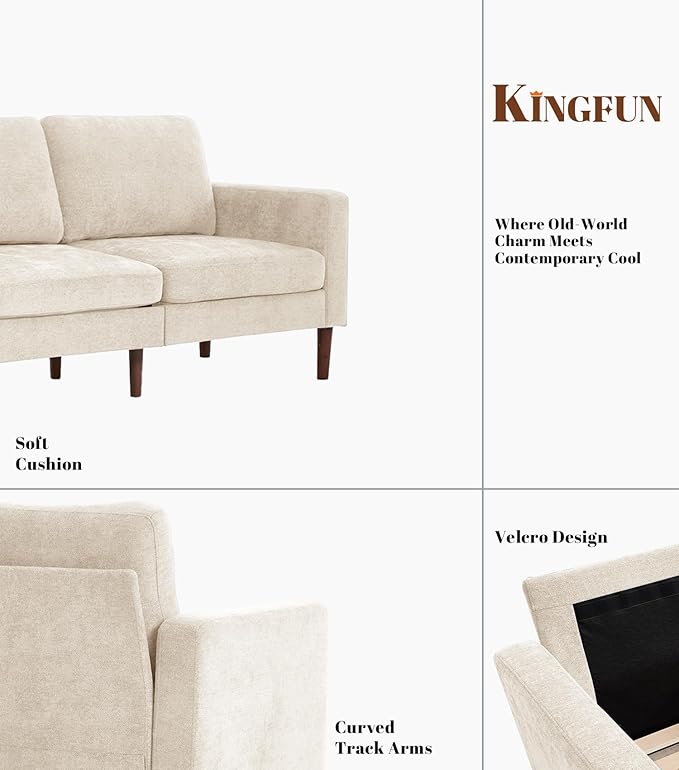Kingfun 91.7 3 Seater Sofa Chenille Couch Mid Century Modern Couches with Solid Wood Legs for Living Room &amp Bedroom Beige