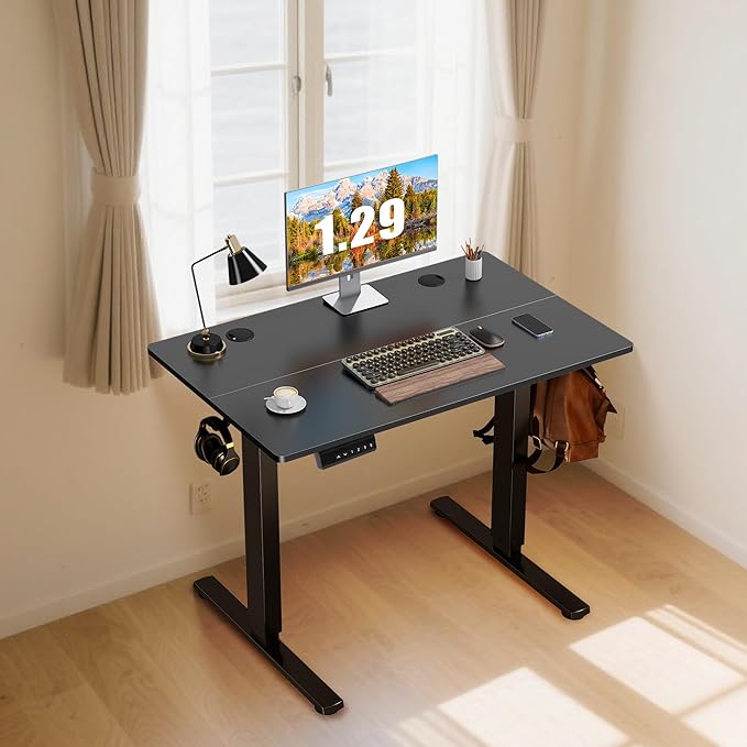Hexago Electric Standing Desk 48 x 24 Inch Height Adjustable Sit Stand Desk with Memory Presets T-Leg Frame Dual Hooks Cable Hole Ergonomic Computer Desk for Home Office –Black