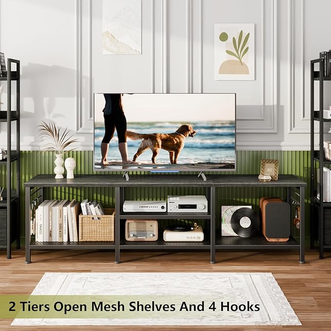 Furologee TV Stand for TVs up to 70 Inch 63 Inch Entertainment Center with Open Storage Shelves Television Stands with Soundbar Shelf for Living Room Bedroom Black Oak