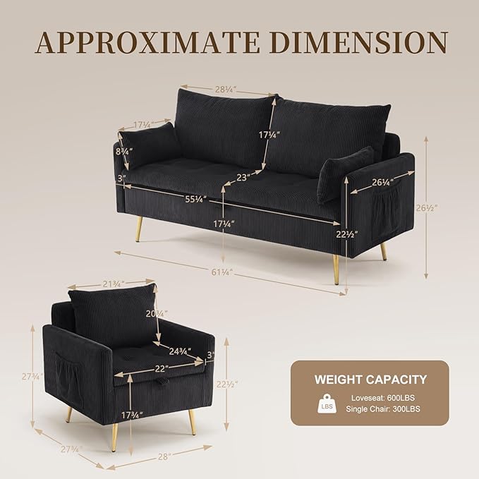 Furnimart 3-Piece Storage Sofa and Couch Set Corduroy Loveseat with 2pc Accent Single Chairs Small Living Room Furniture Set for Apartment Tiny Homes and Lofts 3PC-Black