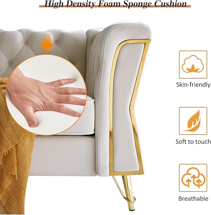 87.4 Velvet Sofa Couch Mid-Century Modern Chesterfield Loveseat Classic Button Tufted 2 Seater Couch with Golden Legs for Living Room Office Bedroom (Beige)