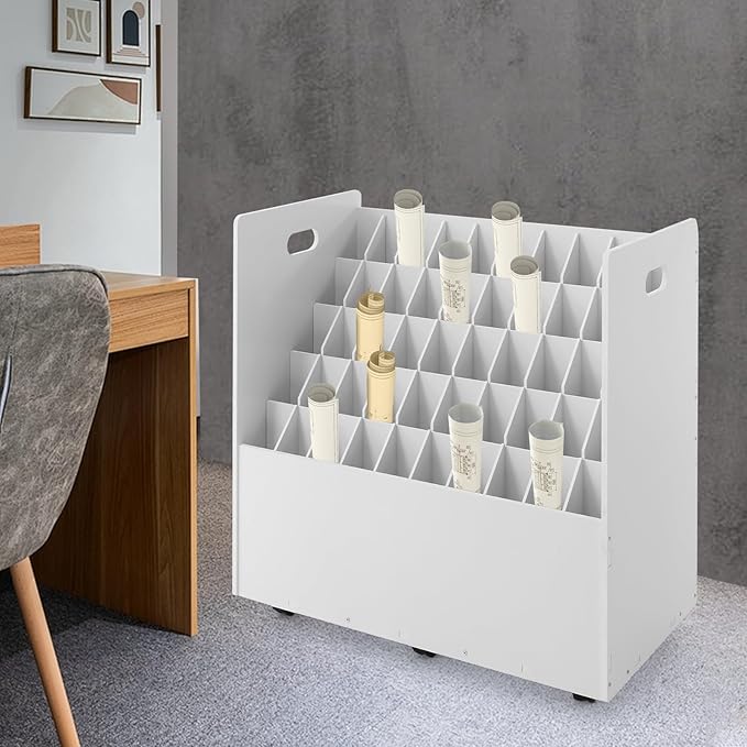 Mobile Blueprint Storage Cabinet 50-Slot Roll File Organizer Movable File Storage Cart Up to 66.14lbs Capacity 5 Tiers Roll Files Storage Mobile Blueprint Holder for Office and Home