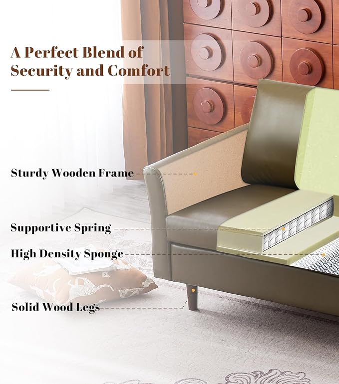 Kingfun Faux Leather 3 Seat Couch Set for Living Room Mid Century Modern Sofa with Rolled Arms and Deep Seats Fluffy Comfort for Apartment Easy to Assemble Olive Green Loveseat and Chair