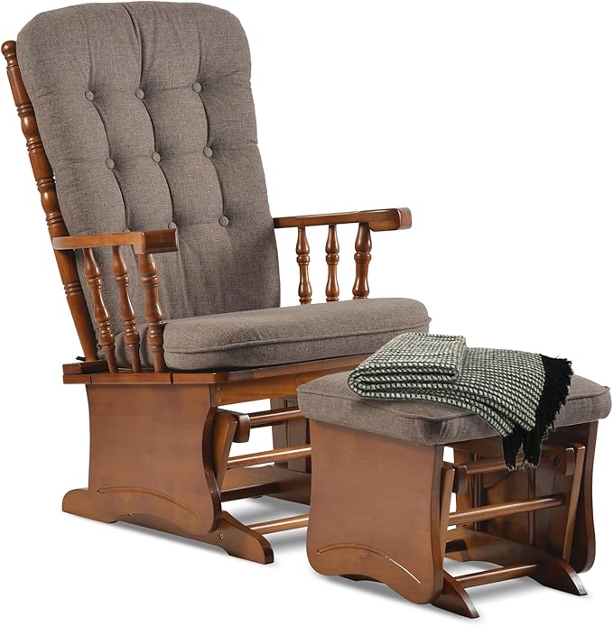 Anti-Pinch Solid Wood Hand Glider Rocking Chair Set with Ottoman with Padded Cushion Rustic Rubber Wood Nursery Glider for Nursing Relaxing Living Room Bedroom Oak Colored