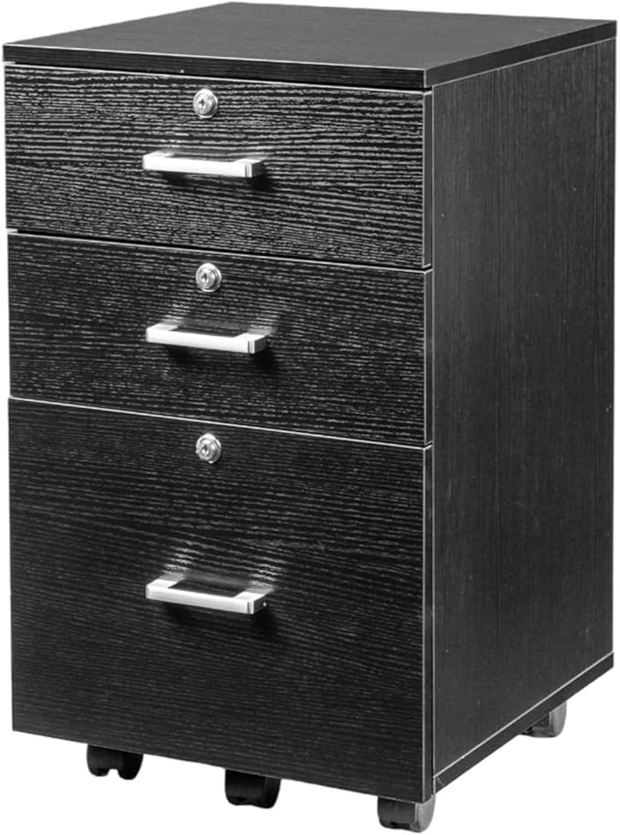 VINGLI 3-Drawer File Cabinet with Lock Wood Rolling Filing Cabinets for Home Office Mobile Printer Stand Under Desk File Organizer for Letter Sized Files 26 H(Caster Included) Black