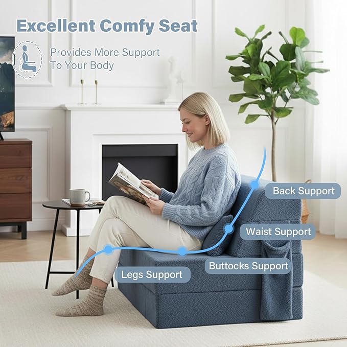 Tiita Convertible Folding Sofa Bed Single Size for Adults with Pillow Plush Fabric Floor Mattress Couch Bed Washable Cover &amp Side Pocket Guest Room Dorm Apartment Living Room Blue Gray