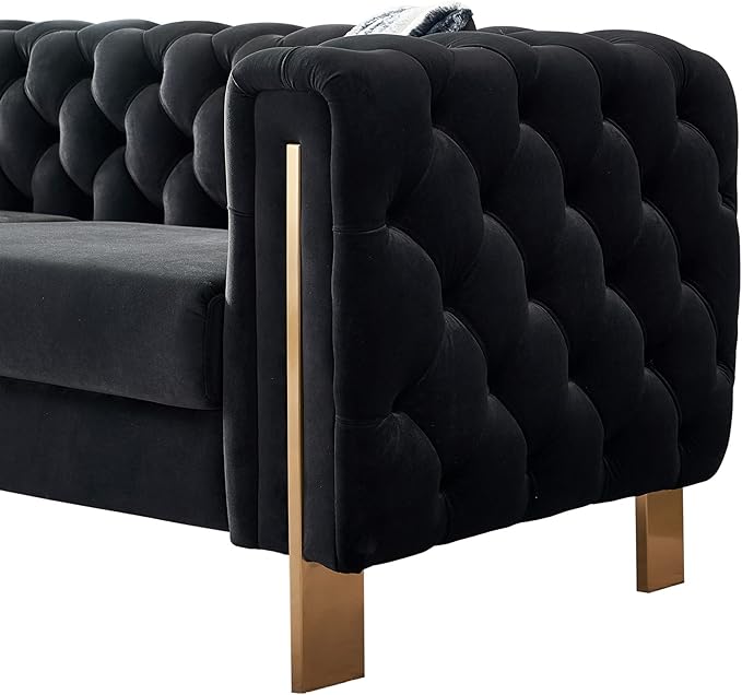 Chesterfield Modern Tufted Velvet Living Room Sofa with High Armrest and Metal Legs Decor 84.25''W 3 Seater Couch Couches Furniture for Bedroom Office (Black)