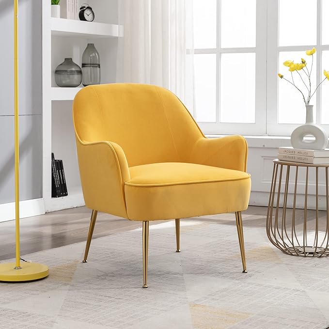 Modern Ergonomics Soft Velvet Fabric Material Accent Chair with Gold Legs and Adjustable Feet Screws for Indoor Home Living RoomYellow