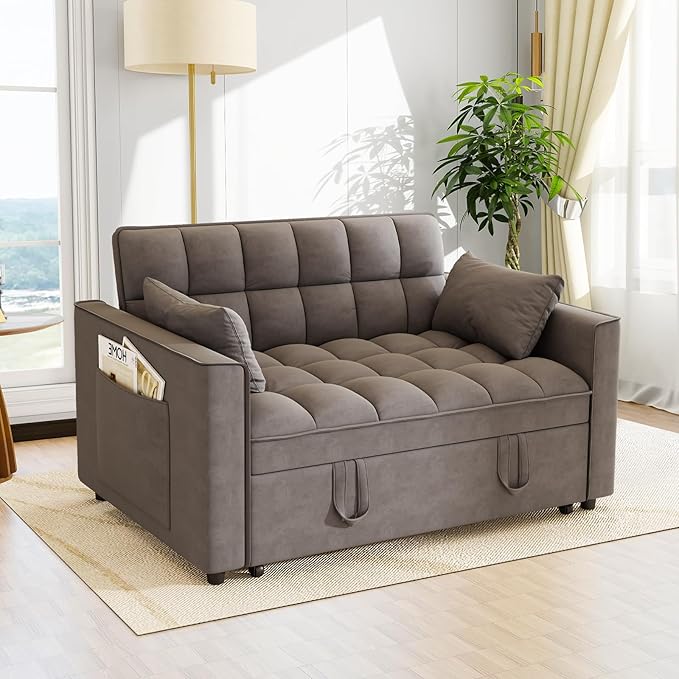 Hison Convertible Sleeper Sofa Bed 3 in 1 Pull Out Couch Bed with Adjustable Backrest Sectional Small Couches for Small Spaces Loveseat for Apartment Living Room (Dark Gray Velvet)
