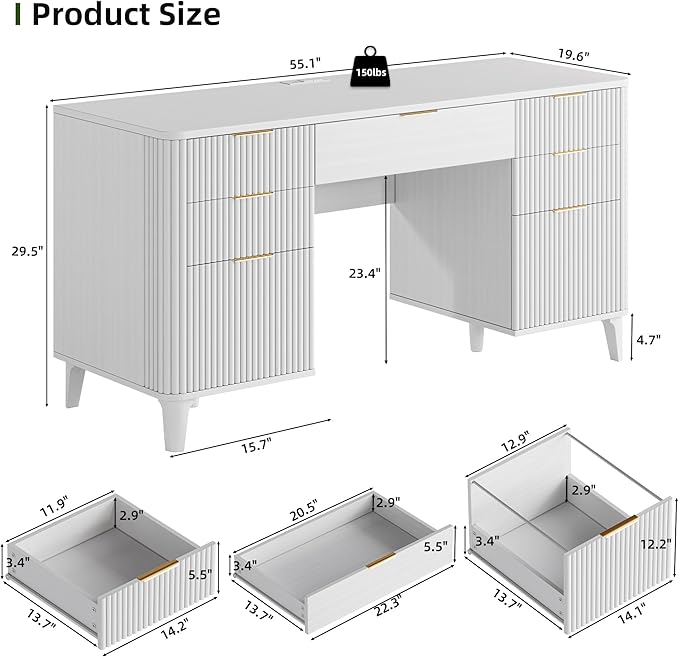 55.1 Fluted Executive Desk with Drawers White Desk with Storage Cabinet Home Office Desk with Charging Station Farmhouse Desk with File Cabinet for Office Home