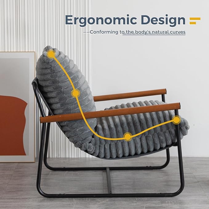 MAXYOYO Accent Chair Sherpa Arm Chair for Living Room Mid Century Modern Accent Chairs Boucle Reading Bedroom Chair Teddy Armchair Wooden Arms Metal Frame