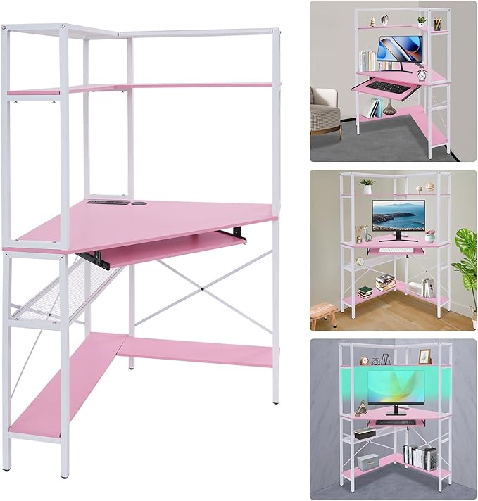 Corner Desk with Hutch 90 Degrees Triangle Computer Desk w/Keyboard Tray &amp Bookshelves for Small Space Space Saving Writing Desk w/Storage Shelves for Bedroom Apartment (Pink)