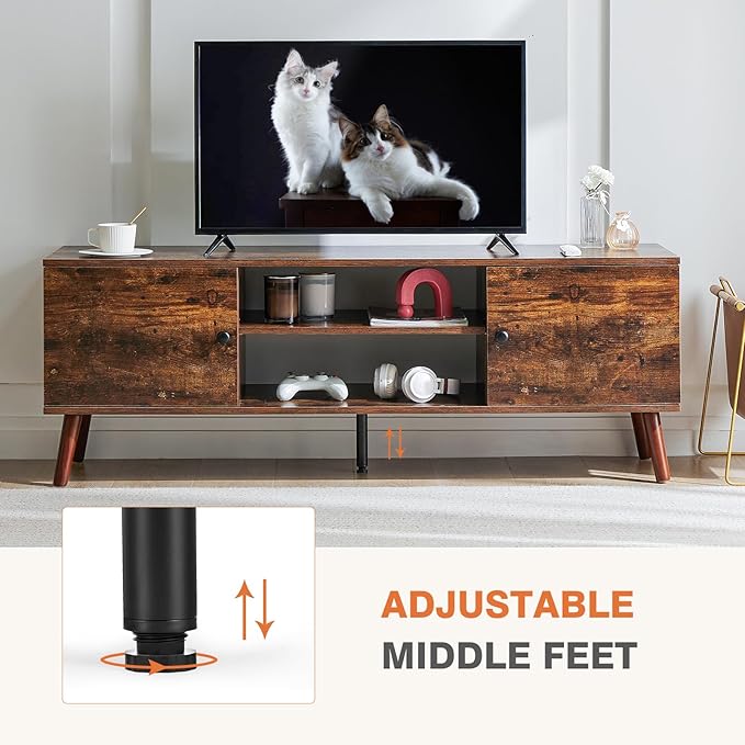 Sweetcrispy TV Stand for 55 60 inch TV Modern Mid Century Entertainment Center with Storage Media Console Table 2 Cabinet Soft Hinge Handle Door Wooden Living Room Office Furniture Rustic Brown