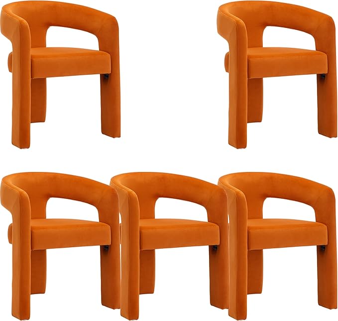 Wahson Orange Dining Chair Set of 5 Velvet Upholstered Modern Barrel Chair Round Dining Chairs with Wooden Legs Assembled Accent Armchairs for Dining Room/Living Room/Bedroom/Side