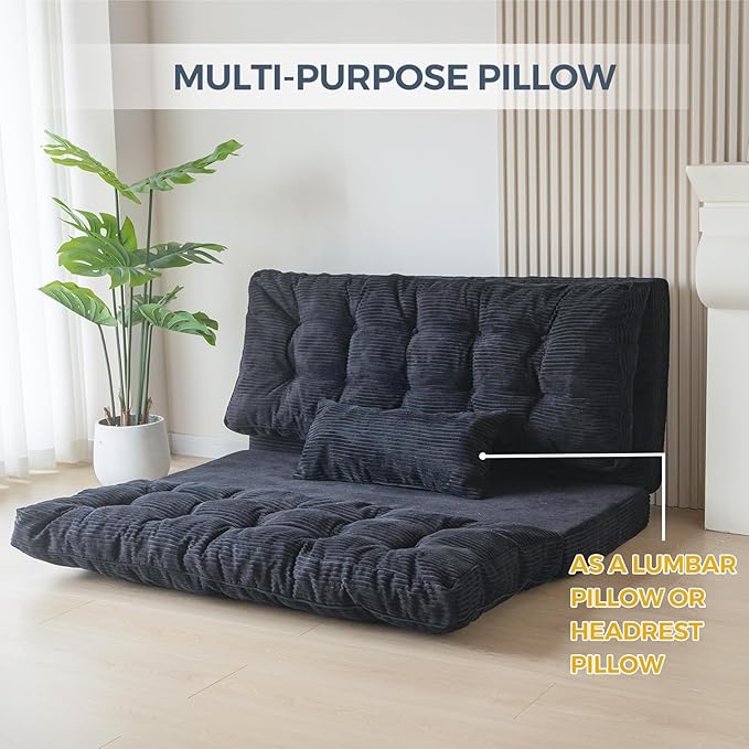 MAXYOYO Folding Sofa Bed Tufted Bean Bag Bed with Pillows Floor Mattress for Adults Extra Thick and Long Floor Sofa Twin Couch for Bedroom Living Room Black 39x91 Inch