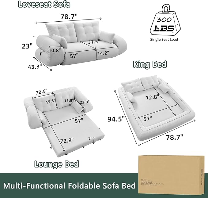 78.7 King Foldable Sofa Bed Lazy Sofa Couch 3-in-1 Multi-Functional Sleeper Sofa Bed Teddy Futon Sofa Floor Loveseat Sofa Human Dog Bed Bean Bag Lounge Recliner for Living Room Green