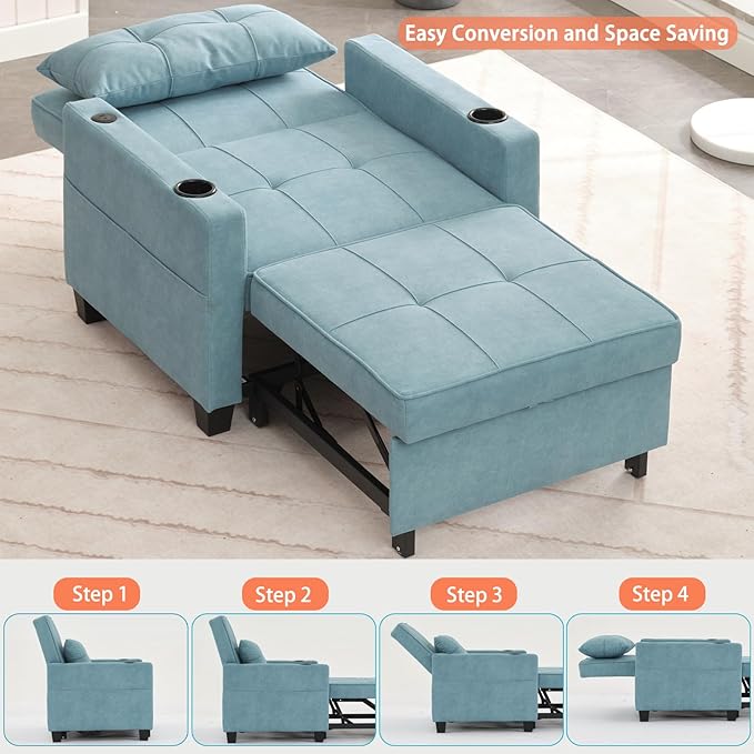 Modern Convertible Sleeper Sofa Bed 3-in-1 Adjustable Futon Couch with Storage &amp Removable Armrests for Apartment Studio Office Small Spaces (Blue)