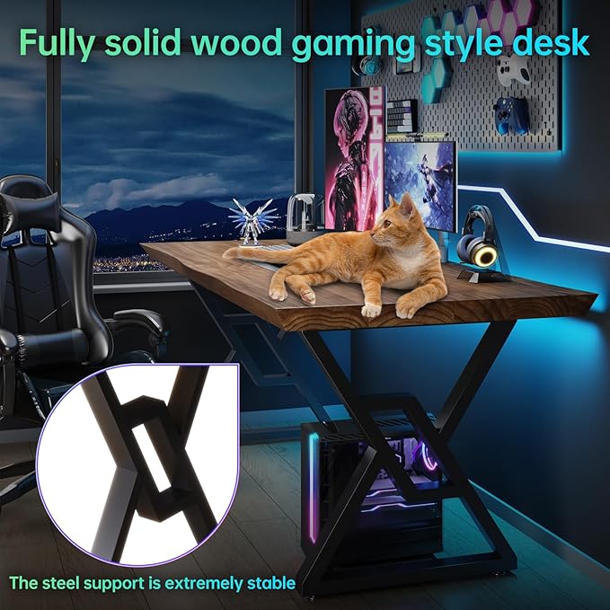 Solid Wood Rustic Style 55.1-inch Computer Desk - Large Office Desk for Home Office Modern and Simple Design Ideal for DiningStudy Writing (Black-w 55.12 * 27.56 * 29.53)