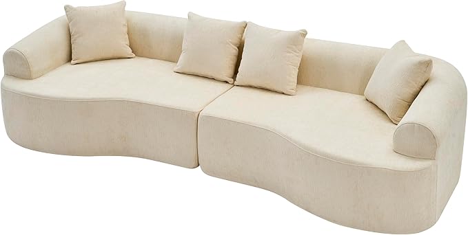 Curved Boneless Sofa Couches 4-Seat Tight Backrest Couch for Living Room Bedroom Boneless Cloud Sofa with 4 Pillows Floor Sofa in A Box No Assembly Required