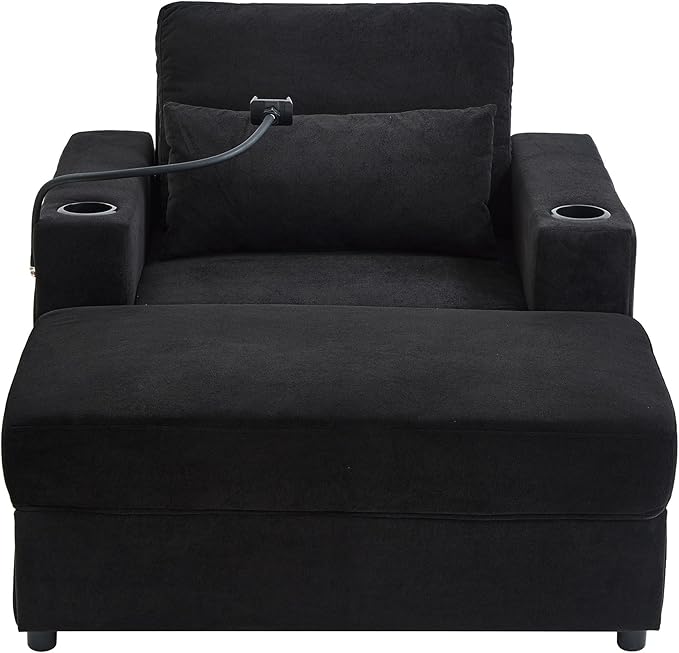 42.5 Oversized Armchair with Ottoman Storage Overstuffed Chair and a Half with Cup Holders &amp USB Port Chenille Accent Chairs for Bedroom Living Room Reading Phone Holder Side Pocket (Black)