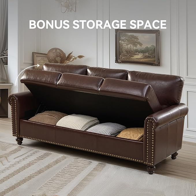 80 Faux Leather Sofa with Storage Mid-Century Modern Rolled Arm Couches for Living Room Furniture Nailhead Trim Easy Tool-Free Assembly Dark Brown