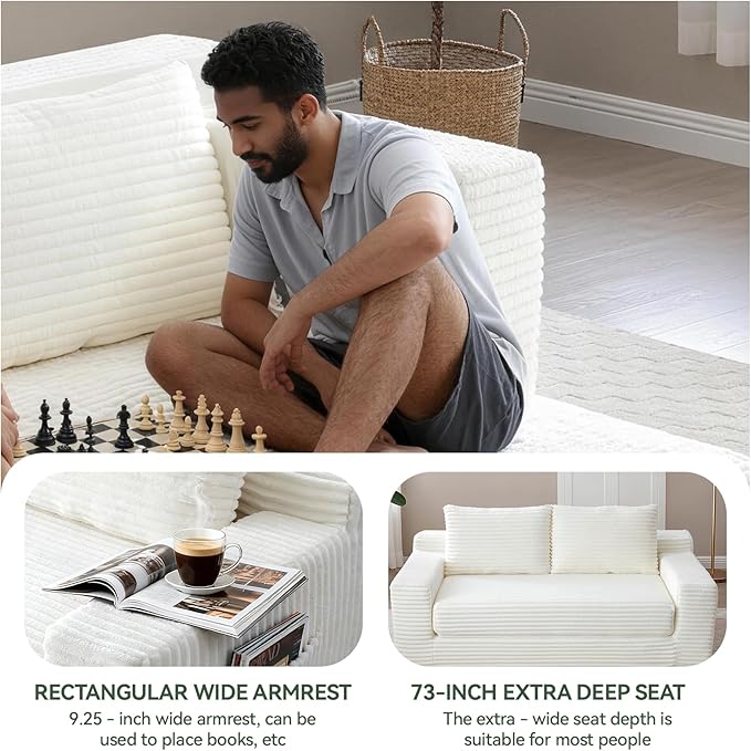 73 Convertible Sofa Bed Pull Out Boneless Loveseat Sleeper Sofa Corduroy Foldable Couch Bed with Storage Bag No Assembly Couch in a Box for Living Room Apartment (Beige)