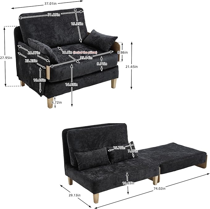 TTK 3-in-1 Foldable Sofa Bed Recliner Sleeper Mid-Century Modern Convertible Sofa Chair with 3 Pillows Space-Saving Design for Small Spaces Bedroom Study &amp Guest Room Black