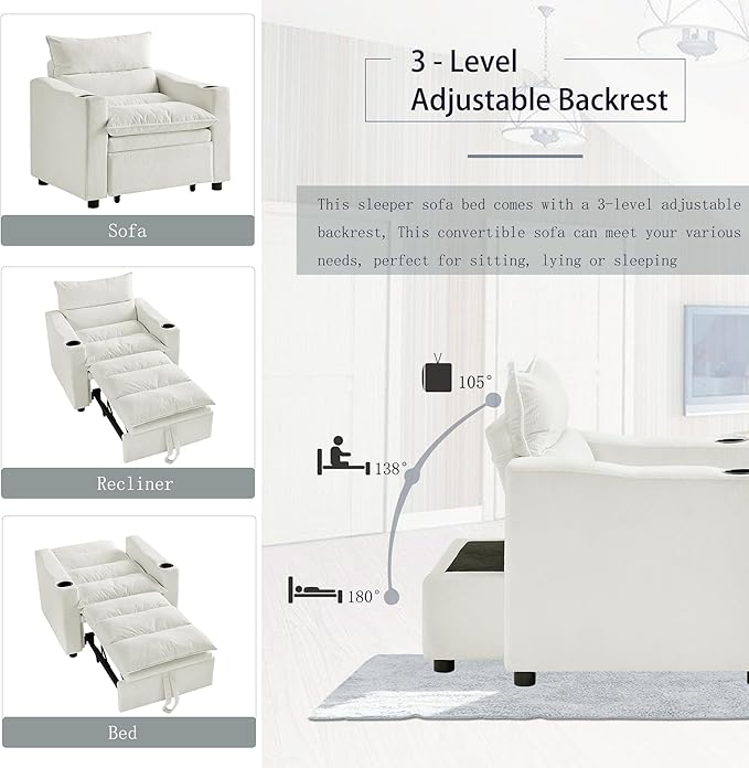 Sleeper Chair 3 in 1 Convertible Pull Out Chair Sleeper with Bracket and Cup Holder Chairs Bed Sleepers for Adults Adjustable Sofa Bed Chairs for Living Room Small Spaces Beige