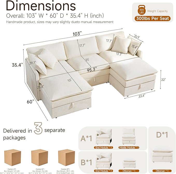 Modular Sofa with Storage 103 U-Shape Sectional Cloud Couch Deep Seat Comfy Fabric Couch for Living Room (Beige Chenille) | Convertible Storage Deep Seat Design Sturdy Wood Frame Effortless Asse