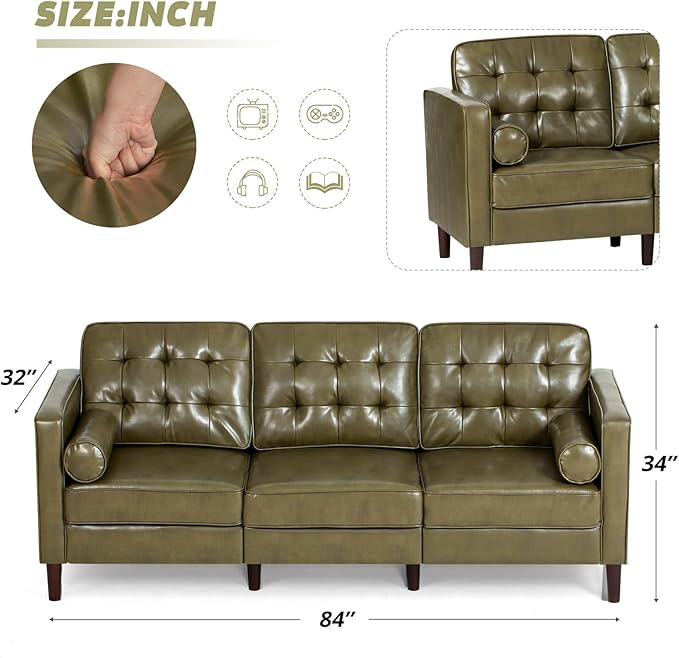 84” Faux Leather Sofa with Tufted Backrest Upholstered 3-Seat Couch with 2 Bolster Pillows Mid-Century Sofa with Wooden Legs for Living Room Bedroom Office Olive Green