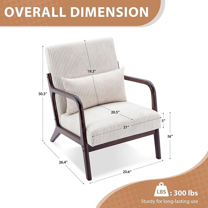 Mid Century Modern Accent Chair Arm Chair Living Room Chairs with Lumbar Pillow Upholstered Lounge Reading Chair with Solid Wood Frame &amp Corduroy Fabrics for Living Room Bedroom (Beige)