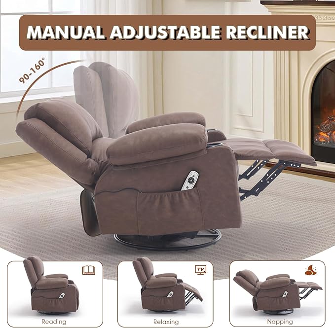 Faux Leather Swivel Rocker Recliner with Heat and Massage Cup Holders Overstuffed Rocking Glider Chair Heated Massaging Reclining Chair Earthy Brown