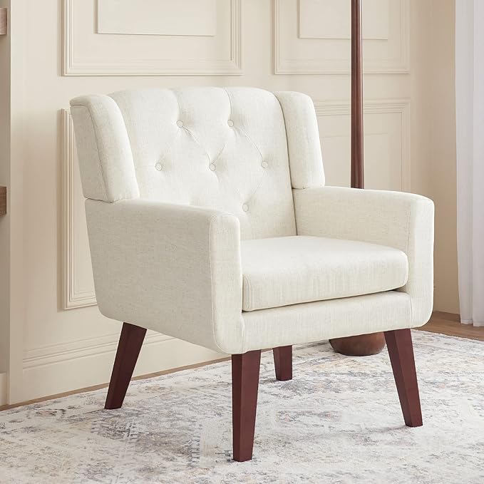 Living&ampGiving Accent Chair Button-Tufted Upholstered Living Room Chairs Comfy Reading Mid Century Modern with Linen Fabric Lounge Arm for Bedroom (Beige) 29.33D x 28.94W x 34.65H Inch