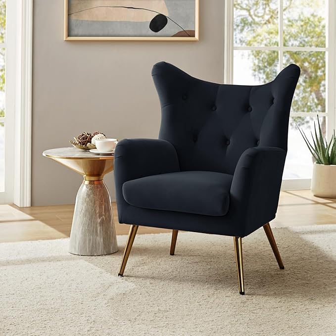 HULALA HOME Velvet Accent Chair Set of 2 Modern Wingback Arm Chair with Metal Gold Legs Velvet Tufted Upholstered for Living Room Bedroom(Black)