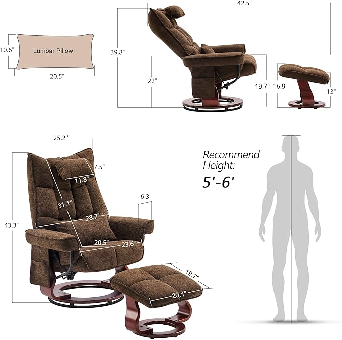 MCombo Swivel Recliner with Ottoman TV Chair Sets with Vibration Massage Ideal for Small Space Living Room &amp Bedroom 4188 4605 (Brown Base Brown)