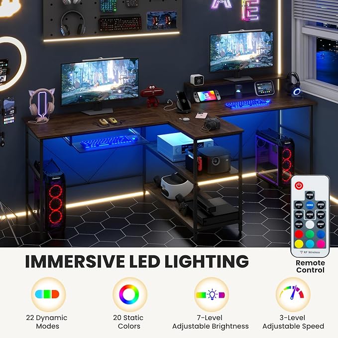 Tangkula 2-Person Reversible Computer Desk with LED Lights 94.5” Long Office Desk with Power Outlets Monitor Stand Keyboard Tray &amp 2 Storage Shelves Double Desk for Gaming Working Writing (Wal