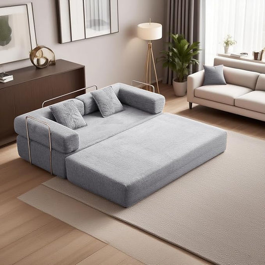 79 Convertible Sofa Bed with 2 Pillows Fixed-Shape Frame Removable Armrests Corduroy Boneless Futon Sofa Bed Modular Foldable Sleeper Couch for Living Room Bedroom Dorm（Beige Grey）
