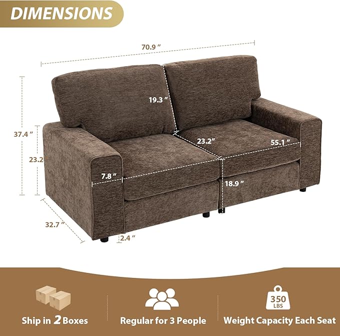 71 Modular Sofa Couch Comfy Chenille Loveseat Sofa Modern Recliner Couch with Deep Seats and Wide Armrests for Living Room(Brown)