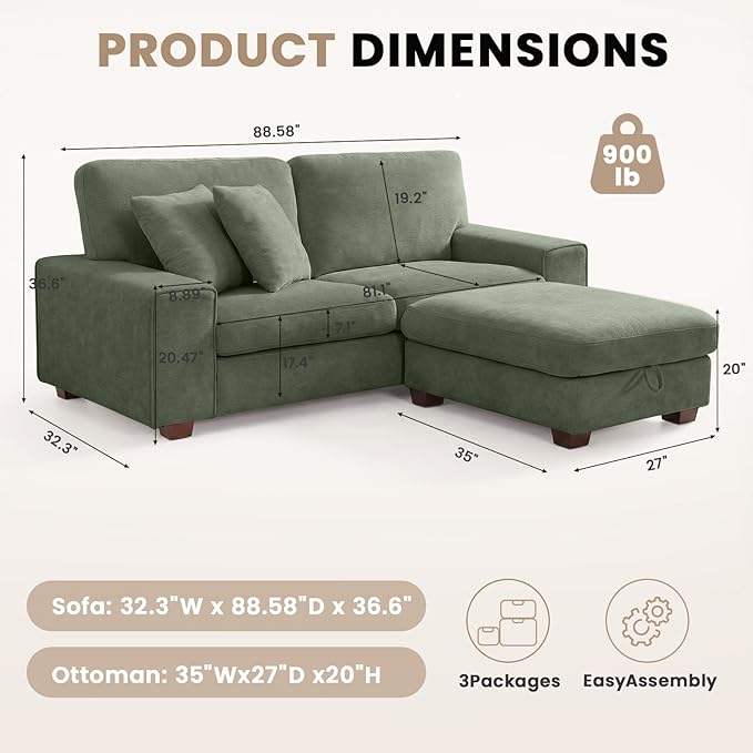 DOPEDIO L-Shaped Sectional Sofa with Storage Ottoman Modern Chenille Recliner Loveseat Removable Couch Covers Pocket Spring Cushions Solid Wood Frame Easy to Install (88.58inch Green)