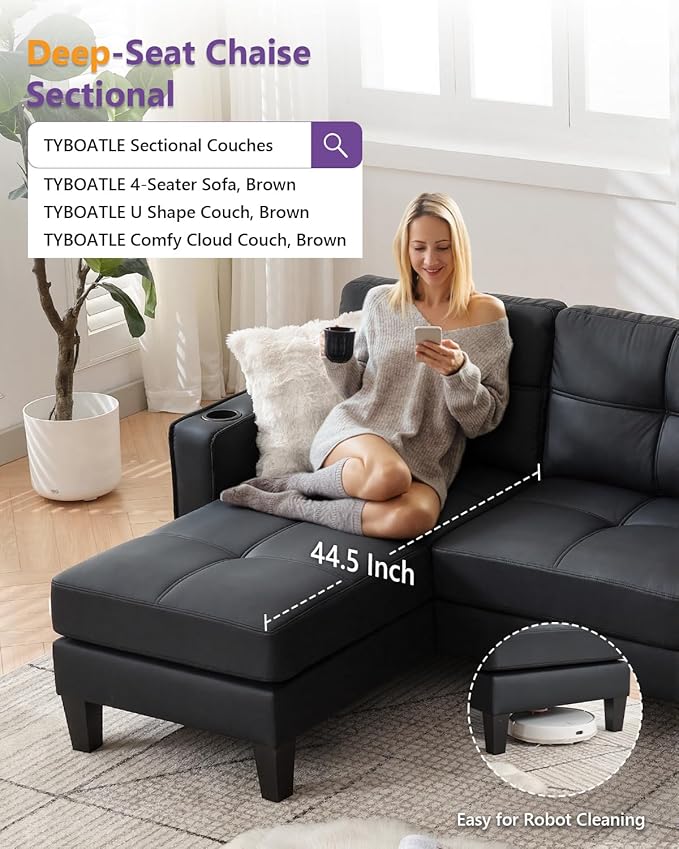 TYBOATLE 116’’ W Black Faux Leather Sectional w/USB and Cup Holders for Living Room Comfy Tufted U Shaped Sofa Couch w/Chaise Lounge Office Leather Sofa for Bedroom