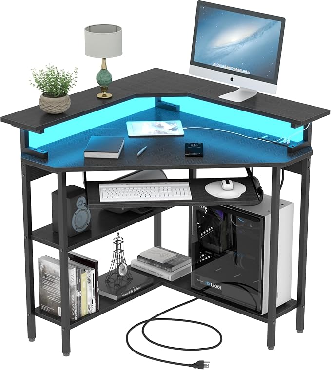 Auromie Corner Desk with Charging Station &amp LED Light Triangle Corner Desk with Monitor Stand &amp Keyboard Tray for Small Space Gaming Computer Desk with Storage Shelves for Home Office (Black
