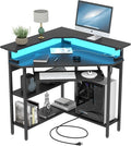 Auromie Corner Desk with Charging Station &amp LED Light Triangle Corner Desk with Monitor Stand &amp Keyboard Tray for Small Space Gaming Computer Desk with Storage Shelves for Home Office (Black