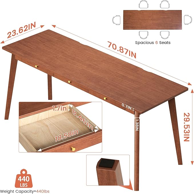 Long Solid Wood Desk with Drawers - 70.9” Mid Century Modern Executive Desk for Two People Home Office Computer Desks Vintage Writing Study Table for Any Room - 2 Person Desks -Walnut
