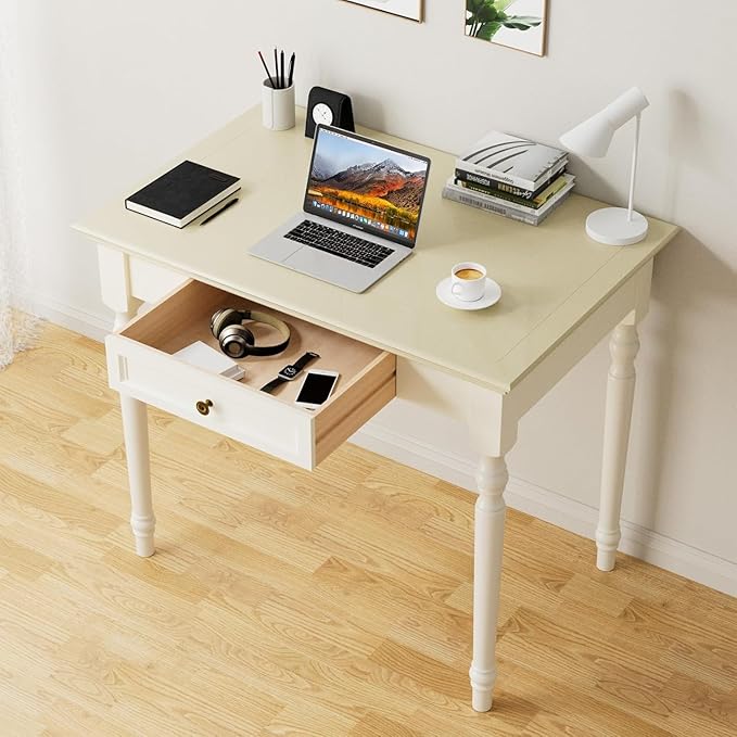 Beige Writing Desk with Drawer 35 Solid Wood French Country Style Computer Desk for Home Office Living Room Study or Workspace