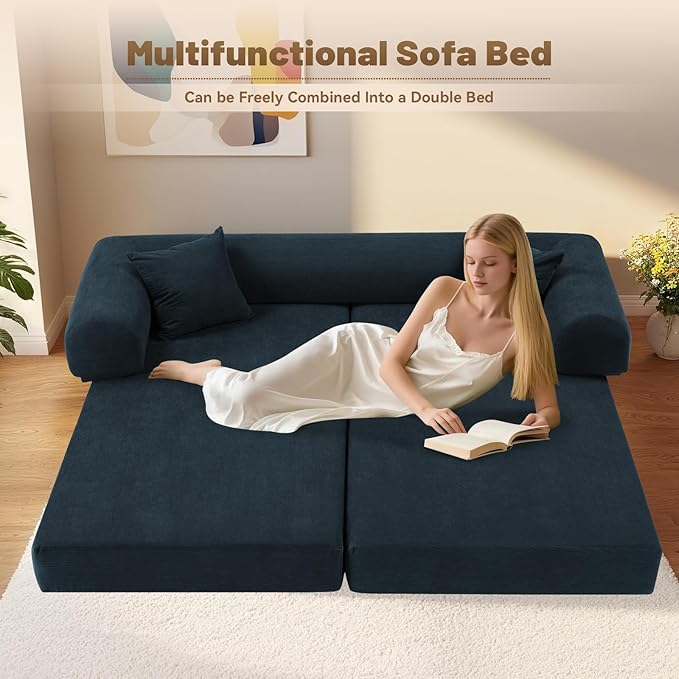 Convertible Futon Sofa Bed80 Folding Pull Out Couch with Pillows &amp Storage Pocket Oversized Queen Sleeper Sofa in a BoxCorduroy Boneless Couch for Living RoomNavy Blue