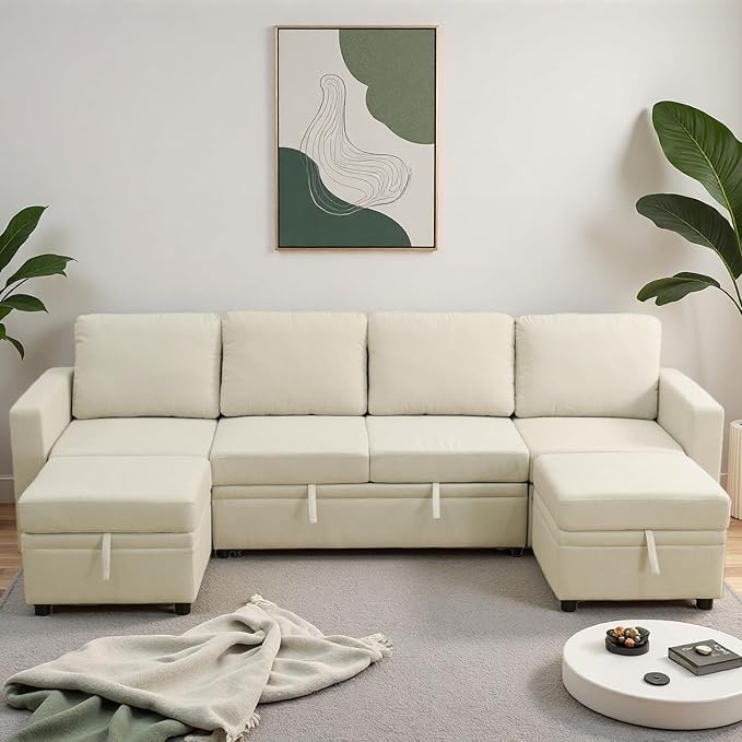 102 Inch Pull Out Couch Convertible Sofa Bed for Living Room Comfortable Sleeper Sofa with Pull Out Bed Modern Sectional Couches with Ottoman Storage Easy Assembly for Apartment Off-White