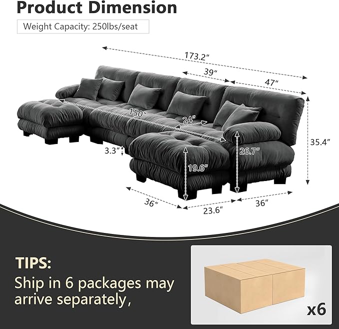 Oversized Modular Sectional Sofa 133.8 Inch U Shaped Couch Set for Living Room 3-Seater Comfy Chenille Cloud Couches with Movable Ottoman Square Handrail Gray